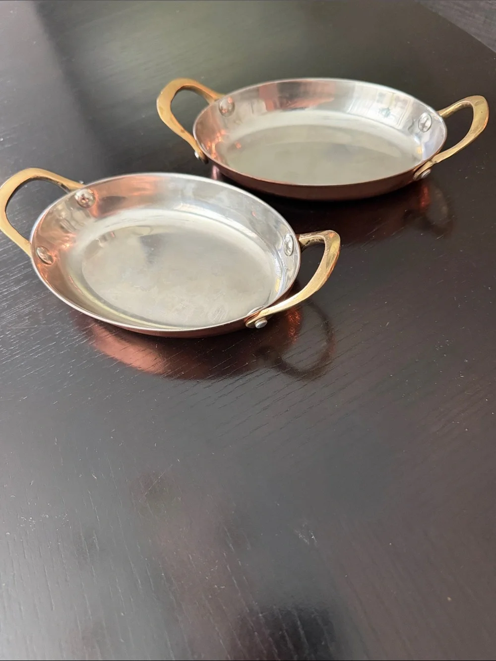 Two Copper Gratin Serving Dishes with Brass Handles - Copper Finish